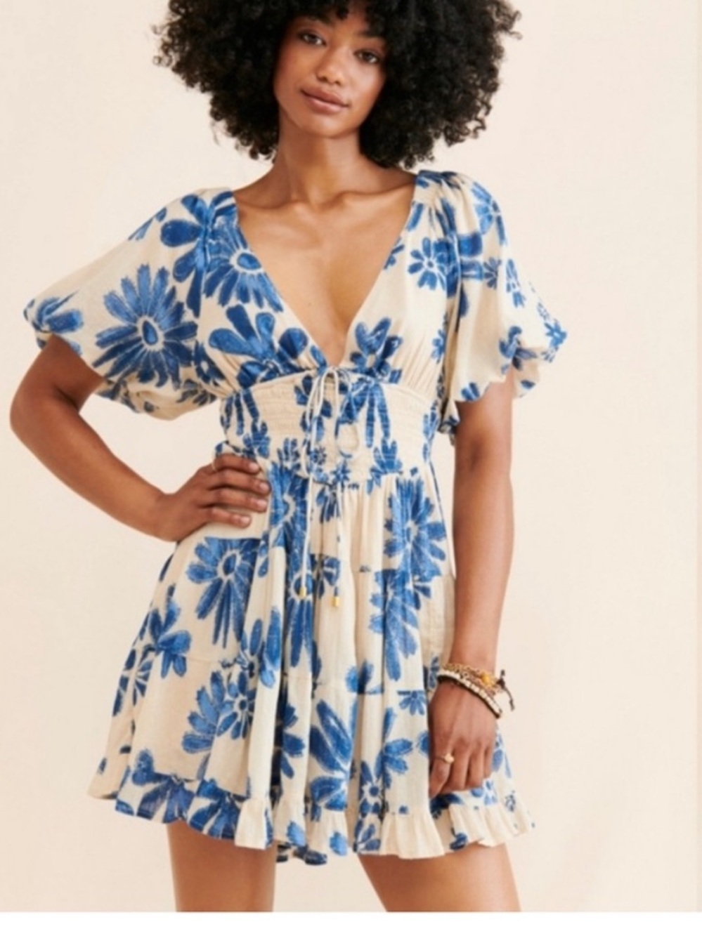 Free People Beige with Blue Flower Mini Dress